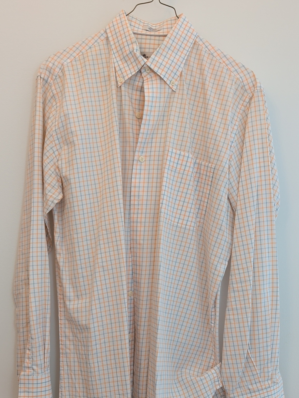 Peter Millar White Dress Shirt with Orange & Blue Windowpane Size Medium